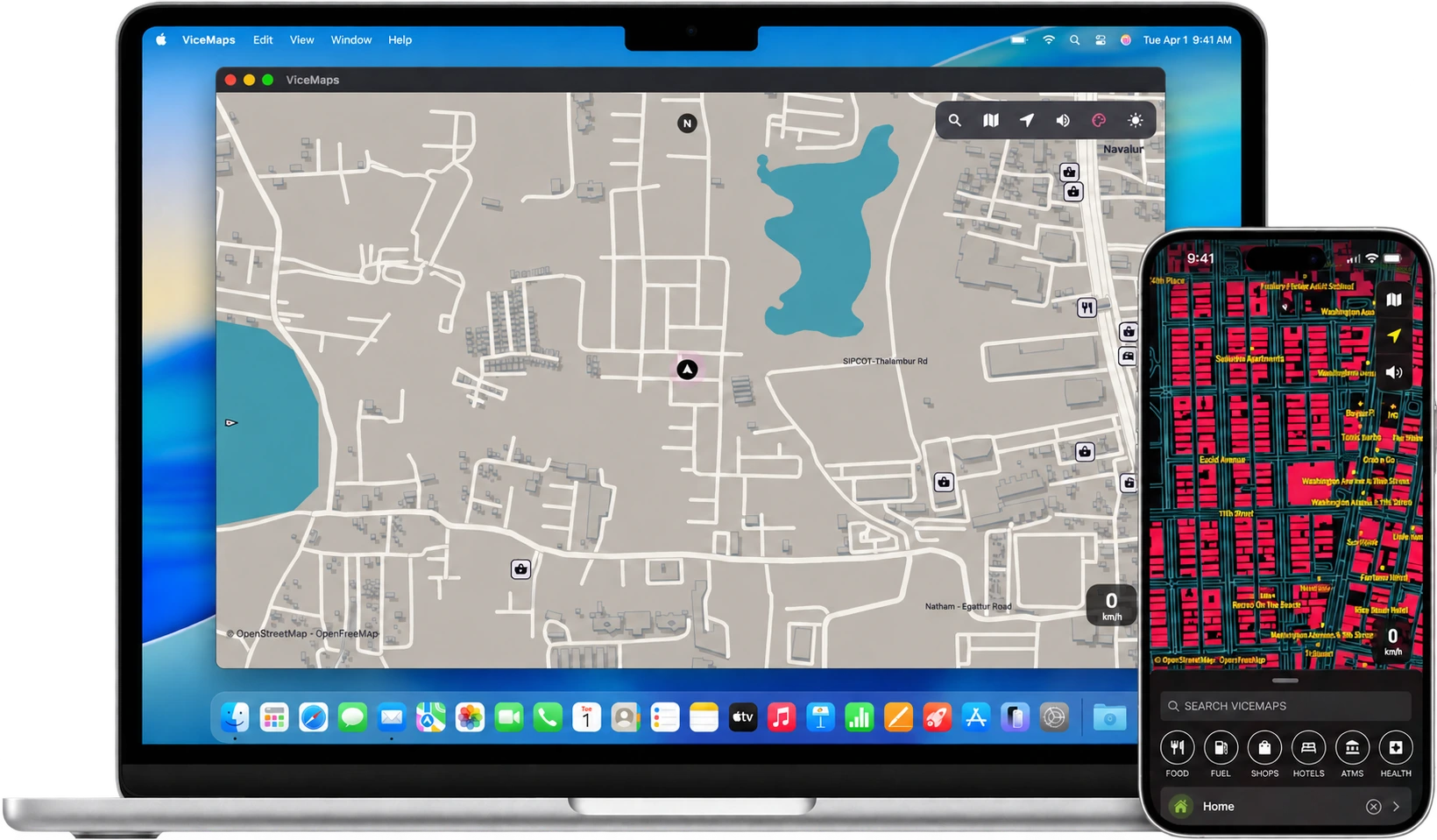 ViceMaps desktop map on a MacBook alongside the Neon Circuit map on an iPhone