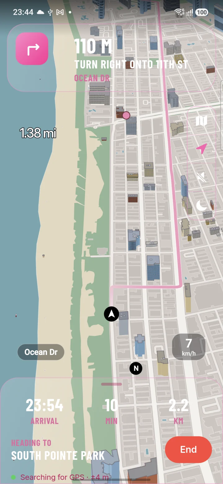 ViceMaps Android app navigating through Miami Beach with a pink route and turn-by-turn guidance