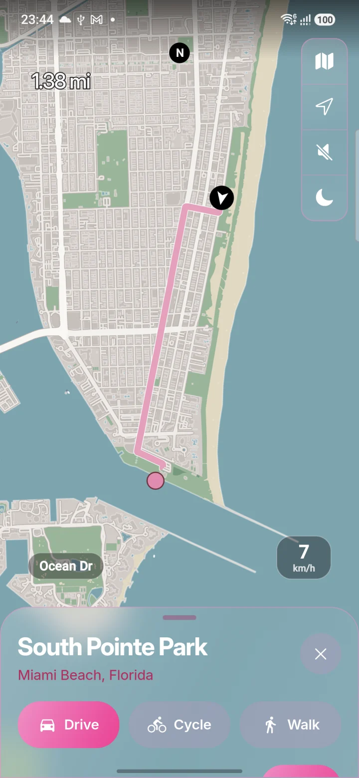 ViceMaps route preview with travel choices and estimated arrival