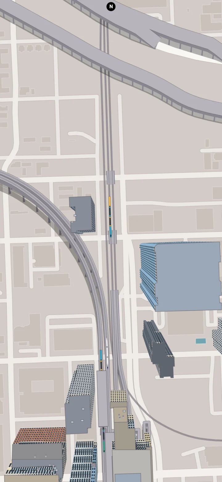 An animated passenger train rendered in ViceMaps